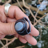 Unique Handcrafted Vegetal Black Leather Ring with Gray Agate Stone Setting-Lifestyle Unisex Gift Fashion Jewelry with Naturel Stone
