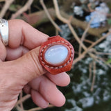 Unique Handcrafted Vegetal Brown Leather Ring with White Agate Stone Setting-Lifestyle Unisex Gift Fashion Jewelry with Naturel Stone