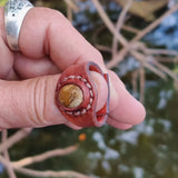 Unique Handcrafted Vegetal Brown Leather Ring with Picture Jasper Setting-Lifestyle Unisex Gift Fashion Jewelry with Naturel Stone