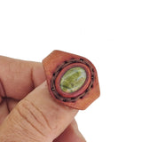 Unique Handcrafted Vegetal Brown Leather Ring with Green Flower Stone Setting-Lifestyle Unisex Gift Fashion Jewelry with Naturel Stone