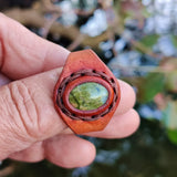 Unique Handcrafted Vegetal Brown Leather Ring with Green Flower Stone Setting-Lifestyle Unisex Gift Fashion Jewelry with Naturel Stone