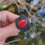 Unique Handcrafted Vegetal Brown Leather Ring with Red Tiger Eye Stone Setting-Lifestyle Unisex Gift Fashion Jewelry with Naturel Stone