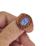 Unique Handcrafted Vegetal Brown Leather Ring with Blue Spot Jasper Setting-Lifestyle Unisex Gift Fashion Jewelry with Naturel Stone
