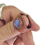 Unique Handcrafted Vegetal Brown Leather Ring with Blue Spot Jasper Setting-Lifestyle Unisex Gift Fashion Jewelry with Naturel Stone