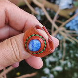 Unique Handcrafted Vegetal Brown Leather Ring with Blue Spot Jasper Setting-Lifestyle Unisex Gift Fashion Jewelry with Naturel Stone