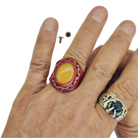 Unique Handcrafted Vegetal Brown Leather Ring with Yellow Agate Stone Setting-Lifestyle Unisex Gift Fashion Jewelry with Naturel Stone.