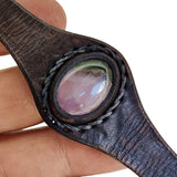 Unique Handcrafted Vegetal Black Leather Ring with Purple Agate Stone Setting-Lifestyle Unisex Gift Fashion Jewelry with Naturel Stone.