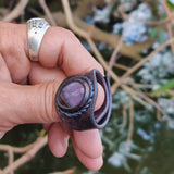 Unique Handcrafted Vegetal Black Leather Ring with Purple Agate Stone Setting-Lifestyle Unisex Gift Fashion Jewelry with Naturel Stone.