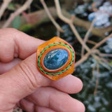 Unique Handcrafted Vegetal Yellow Leather Ring with Green Agate Stone Setting-Lifestyle Unisex Gift Fashion Jewelry with Naturel Stone.
