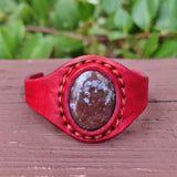 Unique Handcrafted Vegetal Maroon Leather Ring with Indian Agate Stone Setting-Lifestyle Unisex Gift Fashion Jewelry with Naturel Stone