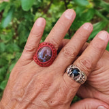 Unique Handcrafted Vegetal Maroon Leather Ring with Indian Agate Stone Setting-Lifestyle Unisex Gift Fashion Jewelry with Naturel Stone