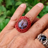 Unique Handcrafted Vegetal Maroon Leather Ring with Indian Agate Stone Setting-Lifestyle Unisex Gift Fashion Jewelry with Naturel Stone