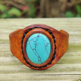 Unique Handcrafted Vegetal Yellow Color Leather Ring with Firuze Stone Setting-Lifestyle Unisex Gift Fashion Jewelry with Naturel Stone