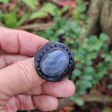 Unique Handcrafted Vegetal Black Leather Ring with Gray Agate Stone Setting-Lifestyle Unisex Gift Fashion Jewelry with Naturel Stone