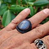 Unique Handcrafted Vegetal Black Leather Ring with Gray Agate Stone Setting-Lifestyle Unisex Gift Fashion Jewelry with Naturel Stone