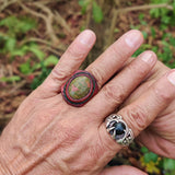 Unique Handcrafted Vegetal Brown Leather Ring with Green Flower Stone Setting-Lifestyle Unisex Gift Fashion Jewelry with Naturel Stone