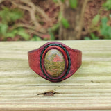 Unique Handcrafted Vegetal Brown Leather Ring with Green Flower Stone Setting-Lifestyle Unisex Gift Fashion Jewelry with Naturel Stone