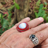 Unique Handcrafted Vegetal Maroon Leather Ring with White Agate Stone Setting-Lifestyle Unisex Gift Fashion Jewelry with Naturel Stone