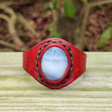 Unique Handcrafted Vegetal Maroon Leather Ring with White Agate Stone Setting-Lifestyle Unisex Gift Fashion Jewelry with Naturel Stone