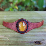 Unique Handcrafted Vegetal Brown Leather Ring with Tiger Eye Stone Setting-Lifestyle Unisex Gift Fashion Jewelry with Naturel Stone