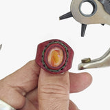 Unique Handcrafted Vegetal Brown Leather Ring with Orange Agate Stone Setting-Lifestyle Unisex Gift Fashion Jewelry with Naturel Stone