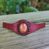 Unique Handcrafted Vegetal Brown Leather Ring with Orange Agate Stone Setting-Lifestyle Unisex Gift Fashion Jewelry with Naturel Stone