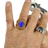 Unique Handcrafted Vegetal Brown Leather Ring with Blue Cat's Eye Stone Setting-Lifestyle Unisex Gift Fashion Jewelry with Naturel Stone