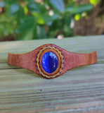 Unique Handcrafted Vegetal Brown Leather Ring with Blue Cat's Eye Stone Setting-Lifestyle Unisex Gift Fashion Jewelry with Naturel Stone