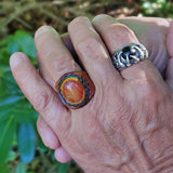 Unique Handcrafted Vegetal Brown Leather Ring with Orange Agate Stone Setting-Lifestyle Unisex Gift Fashion Jewelry with Naturel Stone