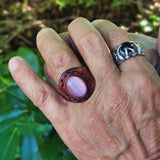 Unique Handcrafted Vegetal Brown Leather Ring with Rose Cat's Eye Stone Setting-Lifestyle Unisex Gift Fashion Jewelry with Naturel Stone