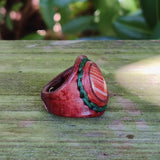 Unique Handcrafted Genuine Vegetal Brown Leather Ring with Orange Agate Stone with White Straps-Size 10.5 Unisex Gift Jewelry