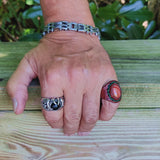 Unique Handcrafted Genuine Vegetal Brown Leather Ring with Orange Agate Stone with White Straps-Size 10.5 Unisex Gift Jewelry