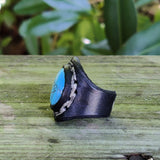 Unique Handcrafted Vegetal Black Leather Ring with Firuze Stone Setting-Size 8 Unisex Gift Fashion Jewelry with Naturel Stone
