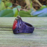 Unique Handcrafted Genuine Vegetal Brown Leather Ring with Orange Agate Stone with White Straps-Size 13 Unisex Gift Jewelry