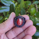 Unique Handcrafted Genuine Vegetal Brown Leather Ring with Orange Agate Stone with White Straps-Size 13 Unisex Gift Jewelry