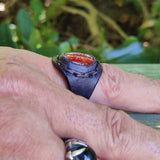 Unique Handcrafted Genuine Vegetal Brown Leather Ring with Orange Agate Stone with White Straps-Size 13 Unisex Gift Jewelry