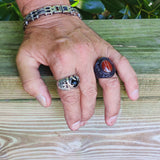 Unique Handcrafted Genuine Vegetal Brown Leather Ring with Orange Agate Stone with White Straps-Size 13 Unisex Gift Jewelry