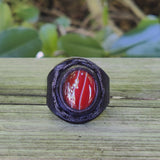 Unique Handcrafted Genuine Vegetal Brown Leather Ring with Orange Agate Stone with White Straps-Size 13 Unisex Gift Jewelry