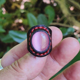 Unique Handcrafted Vegetal Black Leather Ring with Pink Cat's Eye Stone Setting-Size 7.5 Unisex Gift Fashion Jewelry with Naturel Stone