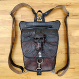 MADE TO ORDER-Handcrafted Genuine Vegetal Leather Antique Black- Brown Backpack-Lifestyle Field Pack with Skull Design–Gift Letaher Bag