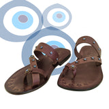 Handcrafted Flip Flop Vegetal Brown Leather Women Sandals-Life Style Shoes-Gift Espadrilles Fashion Footwear with evil eyes-Strappy Sandal