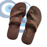 Handcrafted Flip Flop Vegetal Brown Leather Women Sandals-Life Style Shoes-Gift Espadrilles Fashion Footwear with evil eyes-Strappy Sandal