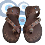 Handcrafted Flip Flop Vegetal Brown Leather Women Sandals-Life Style Shoes-Gift Espadrilles Fashion Footwear with evil eyes-Strappy Sandal