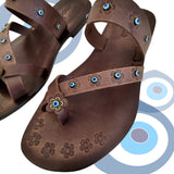 Handcrafted Flip Flop Vegetal Brown Leather Women Sandals-Life Style Shoes-Gift Espadrilles Fashion Footwear with evil eyes-Strappy Sandal