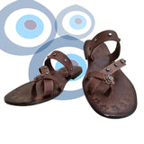 Handcrafted Flip Flop Vegetal Brown Leather Women Sandals-Life Style Shoes-Gift Espadrilles Fashion Footwear with evil eyes-Strappy Sandal