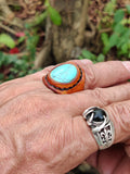Unique Handcrafted Vegetal Yellow Color Leather Ring with Firuze Stone Setting-Lifestyle Unisex Gift Fashion Jewelry with Naturel Stone