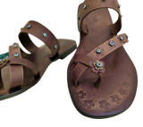 Handcrafted Flip Flop Vegetal Brown Leather Women Sandals-Life Style Shoes-Gift Espadrilles Fashion Footwear with evil eyes-Strappy Sandal