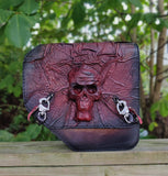 Indian Scout Handcrafted Genuine Leather Maroon and Black Skull Left Side Saddlebag-Gift Indian and Universal Side Mount Bag