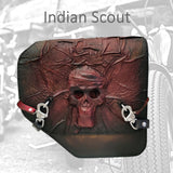 Indian Scout Handcrafted Genuine Leather Maroon and Black Skull Left Side Saddlebag-Gift Indian and Universal Side Mount Bag