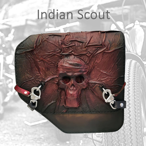 Indian Scout Handcrafted Genuine Leather Maroon and Black Skull Left Side Saddlebag-Gift Indian and Universal Side Mount Bag
